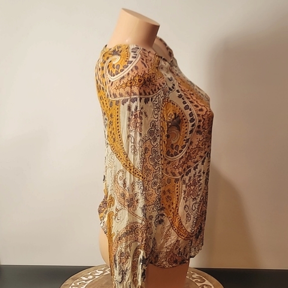 Tucker Blouse ~ Gold & Cream ~ Paisley & Floral Print ~ Silk Top - Picture 3 of 11